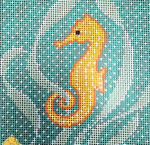 Signed Molly Hand Painted Needlepoint Yellow Seahorse Tropical Fish Canvas 18Ct - Picture 1 of 4