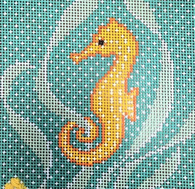 Signed Molly Hand Painted Needlepoint Yellow Seahorse Tropical Fish Canvas 18Ct - Image 1 of 4