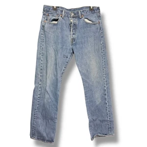 Levis 501 Jeans Mens 33 X 30 Solid Blue Button Fly Straight Glue Stained  - Picture 1 of 9