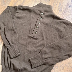 Maglione militare americano vintage uomo XL maglia marrone lana Henley eccedenza fatica slim - Foto 1 di 9