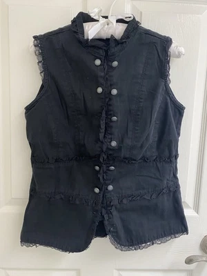 复古 Y2K Goth MORBID THREADS 无袖纽扣上衣黑色,L 码 — 第 1/4 张图片