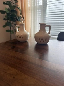 Vintage Pair of Ceramic Cruets Jars Beige With Gold Religious - Picture 1 of 4