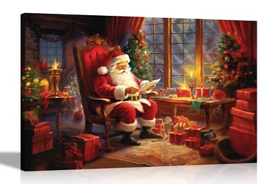 Happy Santa Opening Letters Colourful Canvas Wall Art Pictures Christmas Prints - Image 1 of 4