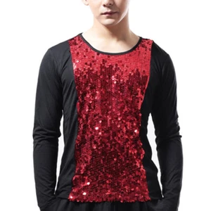 Men Splice Sequin T-Shirt Long Sleeve Tops Pullover Tee Shirt Party Dance Top - Picture 1 of 14