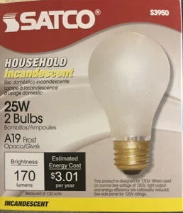 S3950 A19 25 Watt Frost Light Bulbs (Package of 2) Satco Standard - Picture 1 of 4