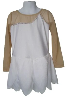 Girls Ice Skate Dress-M-White-Sweetheart-Petal Skirt-Long Sleeves-Scoop Neck-New - Image 1 of 4