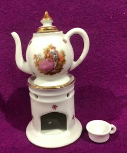 Tetera Limoges Francia con soporte calentador blanco miniatura oro 22 K 4 1/4"" de colección - Imagen 1 de 6