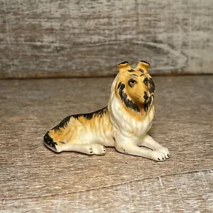 Vintge FRESCO Charming Miniature Lassie Dog Ceramic Figurine Tan Black White 2" - Picture 1 of 8