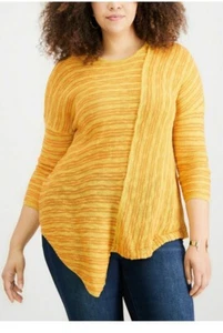 NY Collection Womens Yellow Asymmetric Striped Tunic Top Shirt Plus 1X nwt #658 - Picture 1 of 2
