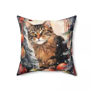 Cat Lover Square Pillow with Cover Art Print Tabby Cat Next to Christmas Tree - Picture 1 of 10