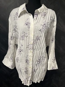 Studio 1940 SZ 30/32(L/XL)Stretchy Pleated White Blouse/Purple Flowers 3/4 Sleev - Picture 1 of 5