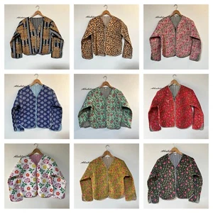 Indian Floral Print Cotton Quilted Jacket Vintage Reversible V Neck Boho Jacket - Picture 1 of 102