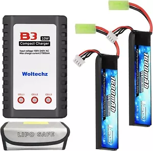 2 Pack Rechargeable 11.1V 1600mAh LiPo Battery for Airsoft Guns + Charger - Picture 1 of 11