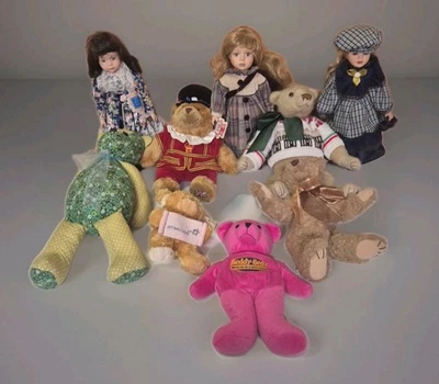 Vintage Teddy Bears With 3 Porcelain Dolls Set of 9 English - image 1 of 4