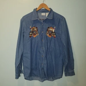 Bobbie Brooks Damen bestickt blau Denim Knopfleiste Hemd L THANKSGIVING FALL - Bild 1 von 7