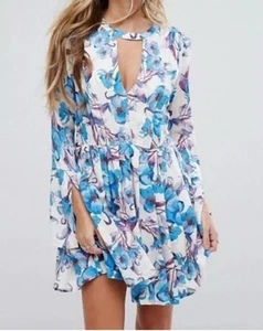 Free People | Blue Purple Floral Tegan Printed Mini Dress Bell Sleeves Size 4 - Bild 1 von 21