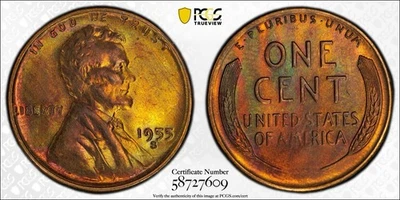 1955-S Lincoln Wheat Cent MS65RB Nice Toned PCGS TrueView - Image 1 of 4