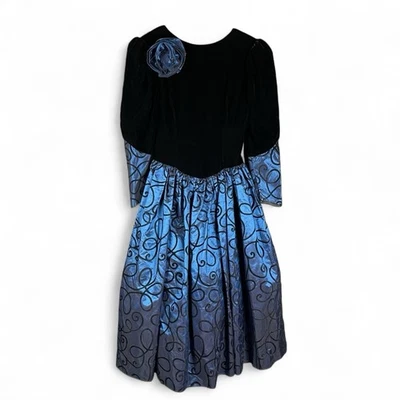 VTG Jessica McClintock Black Velvet Blue Swirl Prom Dress Puff Sleeve 80s Goth 6 - Image 1 of 4