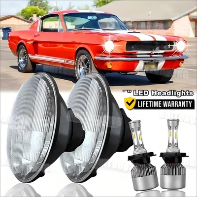 For Ford Mustang 1965-1978 Pair 7" INCH Round LED Headlights Hi/Lo Sealed Beam - Image 1 of 4