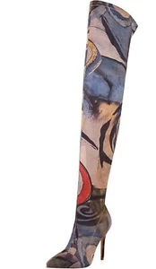 Women's Sexy Printed Stretchy Thigh High Boots Pointy Toe Stiletto Heel Booties - Picture 1 of 7