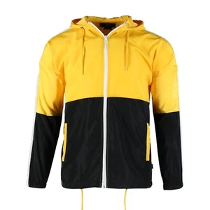 Men's Lightweight Windproof Hoodie Jacket Zip Anorak Windbreaker in Yellow Black - Picture 1 of 9