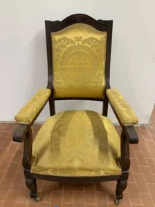Antike Sessel IN Walnuss Old-Time XIX Jahrhundert Mit Rollen Stoff Gelb Gold - Bild 1 von 8