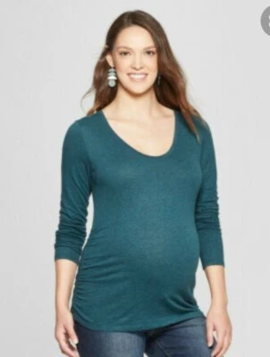 Isabel maternity hunter green long sleeve scoop neck shirred shirt Size XL - Image 1 of 4