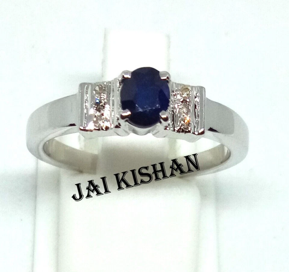 Anello Dainty In Argento Sterling 925 Con Zaffiro Blu Naturale E Diamante Reale - Immagine 1 di 4