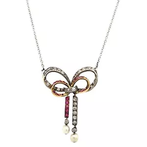 Vintage Diamond & Ruby Bow Pendant Suspended from 18"/16" 14ct Gold Chain - Picture 1 of 6