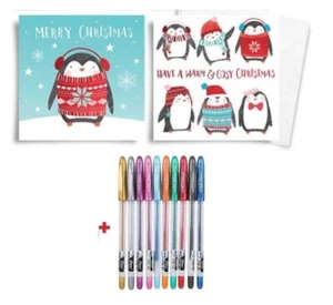 PINGUINI E ORSI DESIGN PENNA IN GEL GLITTER CARTOLINE DI NATALE E BUSTE CONFEZIONE DA 10 - Foto 1 di 7