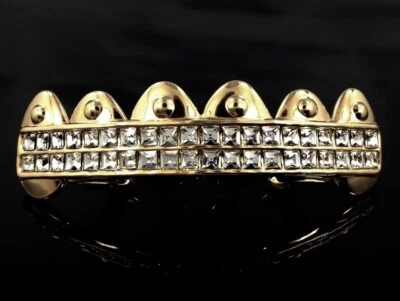 14k Gold GP Grillz iced 6 Tooth HipHop Square Simulated Diamond Grills Bling out - Image 1 of 4