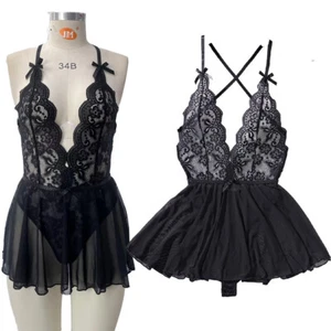 Sexy durchsichtiges Damen-Bodysuitkleid tief V Nachtwäsche Spitze Träger Nachthemd - Bild 1 von 6