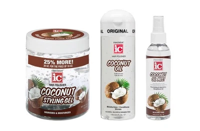 Fantasia IC Coconut Pulidor de Pelo 6oz, Spray Niebla 6oz y Gel de Peinado 20oz Set Foto 1 de 4