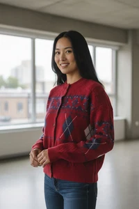 Dazy Argyle Diamond Button Pullover Gr. L rot/blau/weiß langarm (bin5) - Bild 1 von 9