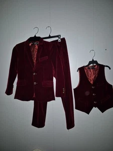 Boys Burgundy Velvet Three Piece Suit Set - Picture 1 of 16