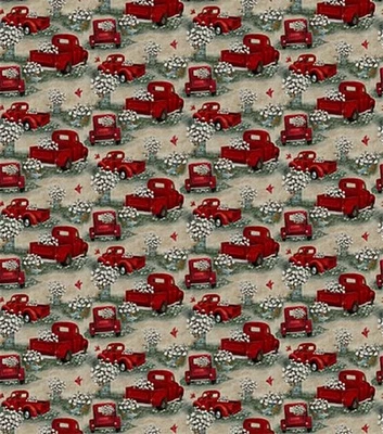 SUSAN WINGET Fabric - RED TRUCK WITH COTTON - 26" REMNANT - Image 1 of 2