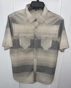 Ibex Pearl Snap Button Up Shirt Short Sleeve Wool Tan Geometric Large Men’s - Picture 1 of 6