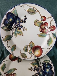 Pier 1 Macintosh ~ Set of Four ( 4 ) 10" Dinner Plates ~ Apples & Fruit Blue Rim - Picture 1 of 9