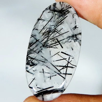 Natural Black RUTILE QUARTZ Oval Cabochon Gemstone 32.05 CT 20x40x4 mm LM-66 - Image 1 of 4