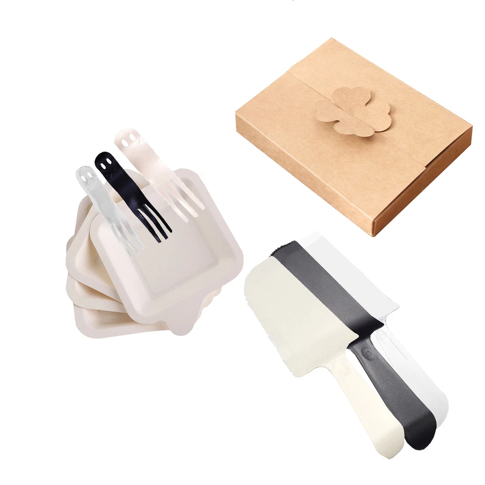 Juegos de servir negros transparentes tenedores sonrientes anchos platos cuchillo para pasteles fiesta para niños con caja Foto 1 de 1