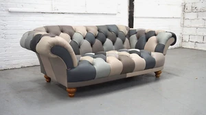 Chesterfield 3 Seater Sofa in Patchwork Leather (Castle Stone) - Picture 1 of 11