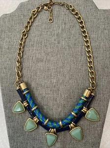 J Crew Gold Tone Statement Necklace Green Lucite Blue Enamel Adjustable 21" - Picture 1 of 8