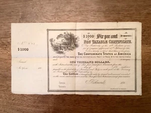 ~ 1864 $1000 Confederate States of America Bond Non-taxable Treasury Certificate - Picture 1 of 2