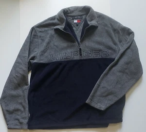 Vintage Tommy Hilfiger XL Fleece Pullover spell out 1/4 zip Grey Blue Pristine - Picture 1 of 4