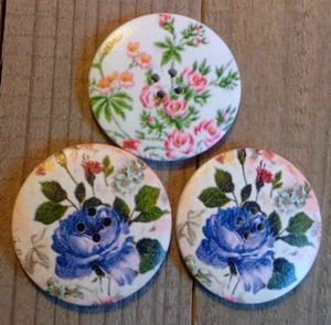 3 Multicolor Floral Sewing Buttons Crafting Wood 4 Hole Round 1.5" - Picture 1 of 2