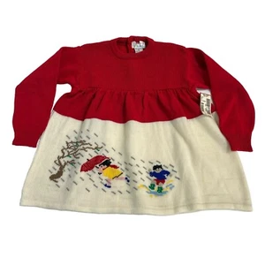 Vintage Kids Design Sweater Dress Girls 4 Red A Line  Rainy Day Whimsical Print - Picture 1 of 7