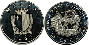 MALTA   5 LIRI 10 ECU 1993 KM#104   SILVER - Imagen 1 de 1