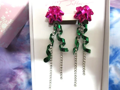 Betsey Johnson Earrings Pink Dangle Stud Bow Christmas Holiday Rhinestones NIB - Image 1 of 4