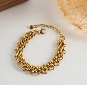 Bracciale donna catena acciaio inox placcato oro 14 kt vintage charm gioielli - Foto 1 di 9