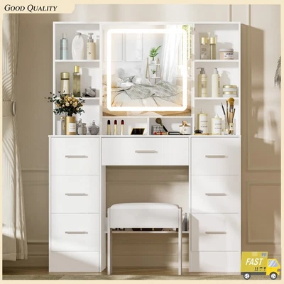 Large Dressing Table Vanity Makeup Desk With LED Light Mirror 7 Drawers Storage - image 1 of 4